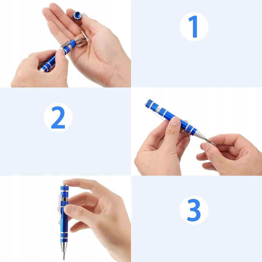 Pocket-Sized Precision Screwdriver With 8 Bits In The Shape Of An Aluminum Pen