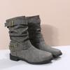 Flat Women's Boots Autumn and Winter Short Martin Boots Women's Large Size Belt Buckle Low Heel Casual Medium Boots