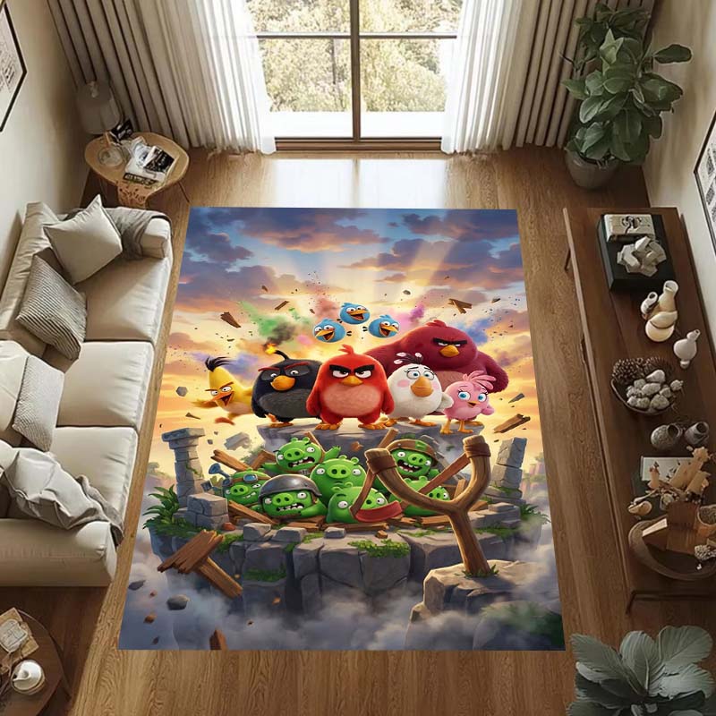 Various Styles of Angry Birds 2 Themed Printed Rugs for Soft Bedroom Floors, and Non-slip Welcome Mats for Home Laundry Rooms.