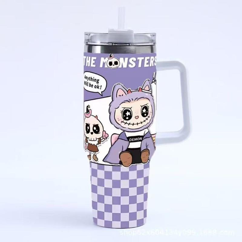 Cartoon pattern Labubu 40oz car cup 304 stainless steel thermos cup Labubu car straw Bingba cup