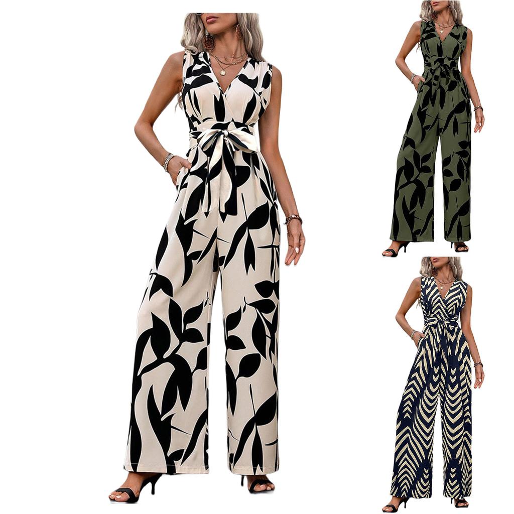 Women's Sleeveless Printed High Waist Wide Leg Jumpsuit with Tie Belt