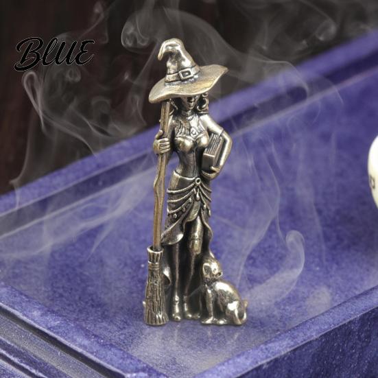 Gothic Tabletop Decoration Brass Witch Statue with Cat Vintage Metal Figurine Collectible Fantasy Retro Copper Tea Pet Halloween Desk Ornament