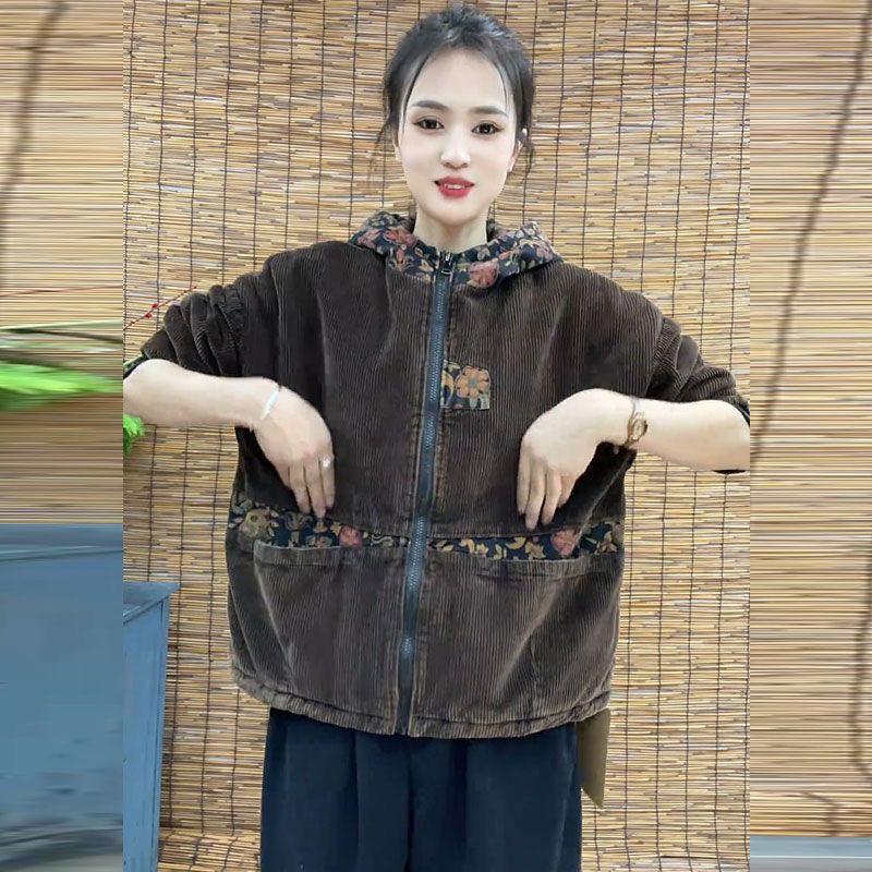 Women's Retro Hooded Corduroy Jacket - 2025 Winter Thick Velvet Cotton, Loose Fit, Plus Size, Body Concealing Casual Wear