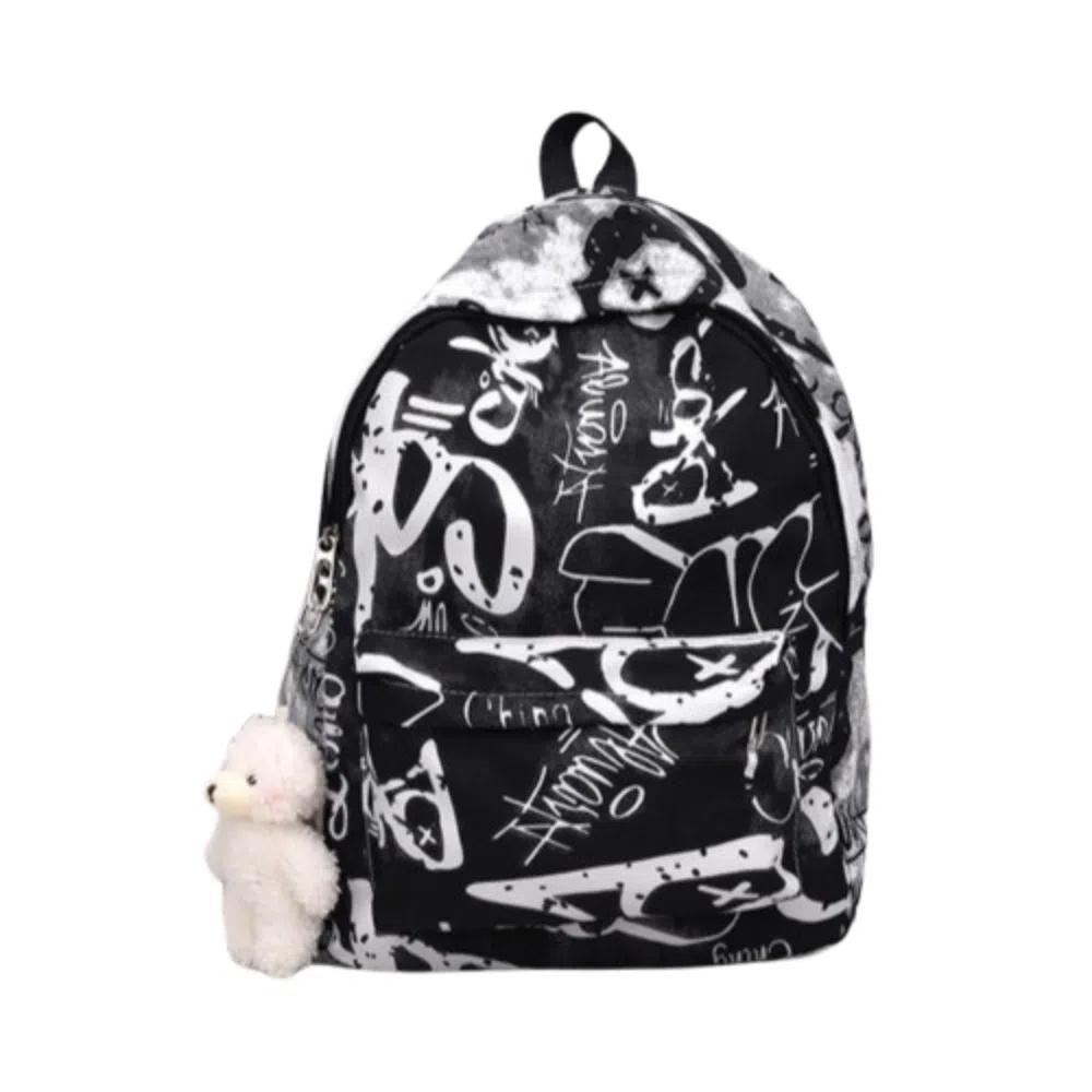 

Large Capacity Women s Backpack Casual School Bags for Girl Graffiti Students Schoolbag Travel black with pendant