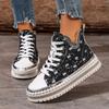 Women's Sports Shoes Casual Platform High-top Canvas Shoes Autumn Chic V Neck Rhineste Sewing Lace-up Girl's Sneakers Fashi