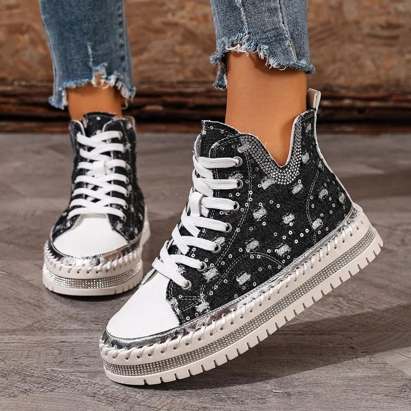 Women's Sports Shoes Casual Platform High-top Canvas Shoes Autumn Chic V Neck Rhineste Sewing Lace-up Girl's Sneakers Fashi