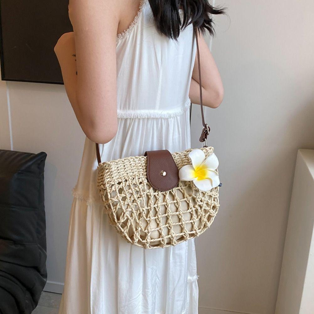 Rattan Semicircle Crossbody Bag Bohemian Beach Bag Trendy Weave Straw Shoulder Bag Shopping