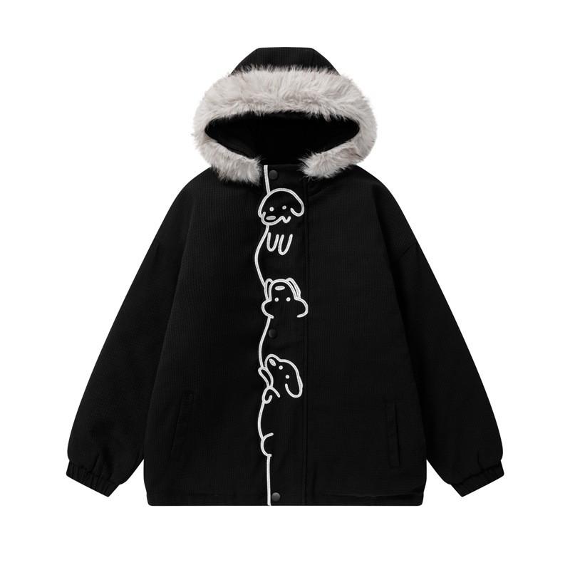 Unisex Oversized Hooded Cotton Puffer Jacket With Embroidered Dog Design Winter Warm Thick Fleece Lined Streetwear Coat