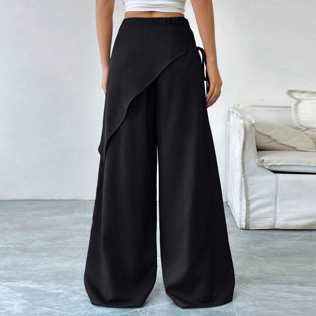 Women's Casual Fashion Solid-Color Elastic Waistband Wide-Leg Straight-Leg Pants With Pockets