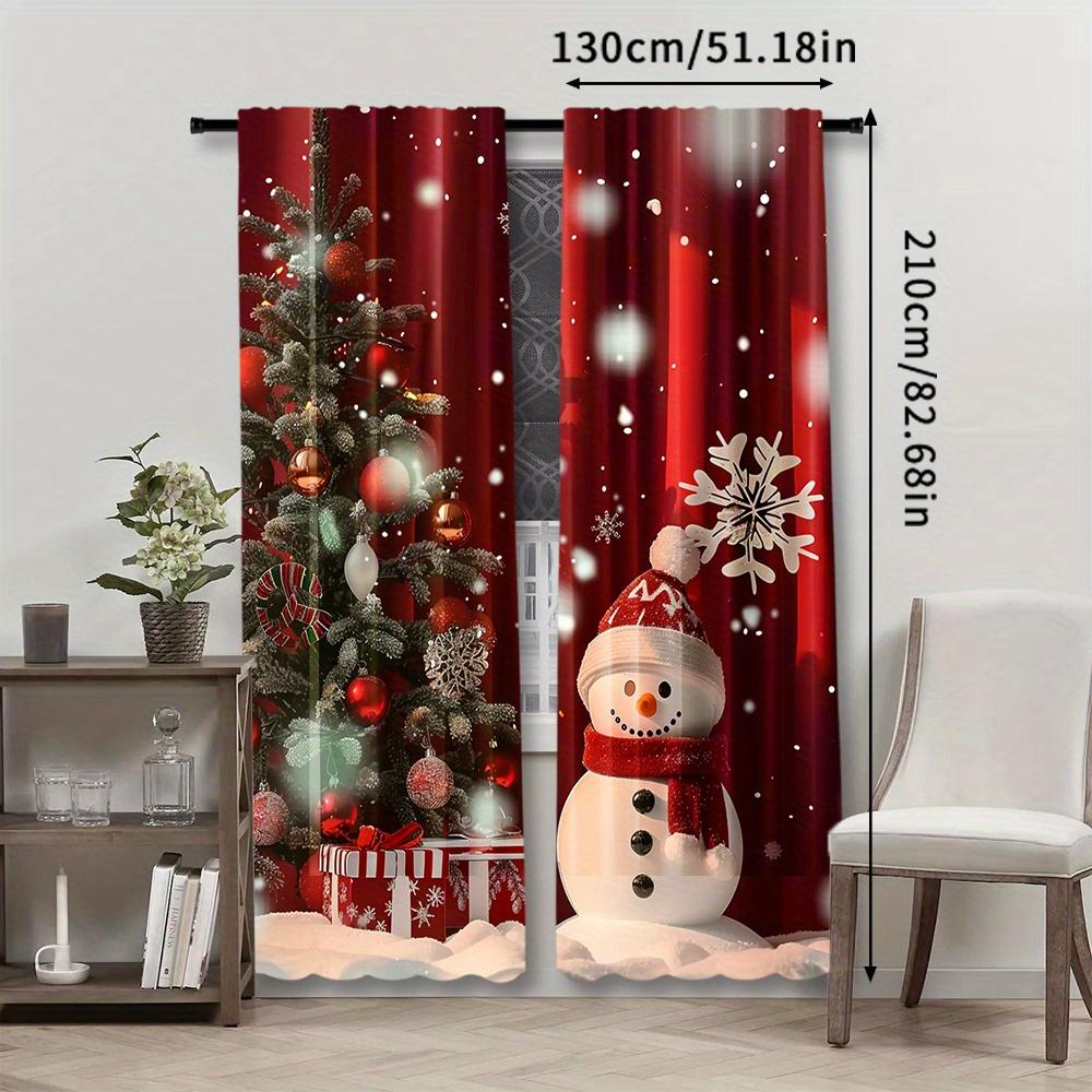 2pcs Festive Snowman Curtains - Christmas Window Treatment with Red Snowflakes & Snowmen   Rod Pocket Design   Polyester Material