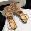 Temperament Niche Square Head Breathable Woven Mesh Weave Heel High Heel Sandals Empty Bag Head Hollow Woven Fishing Net Shoes