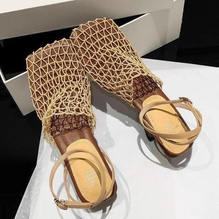 Temperament niche square head breathable woven mesh weave heel high heel sandals empty bag head hollow woven fishing net shoes