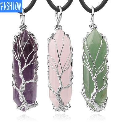 Hexagonal Semi Gem Necklace Natural Stone Hand Wound Tree Of Life Pendant Necklace