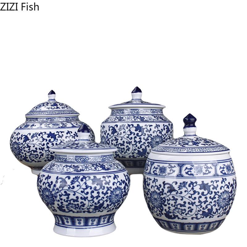 Ceramic Blue White Porcelain Storage Tank with Lid Living Room Entrance Decoration Tea Pot Candy Small Object Family Storage Jar