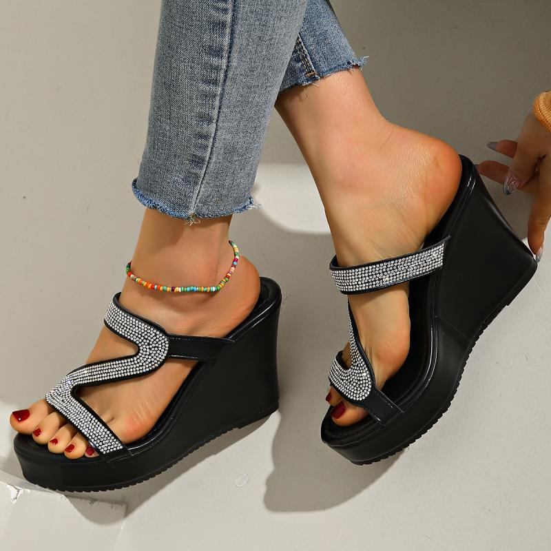 Fashion Chunky Platform Wedge Heels Slippers Fashion Silver Glitter Decoration Straps Slides Women 2025 Summer Sexy Black Party Shoes