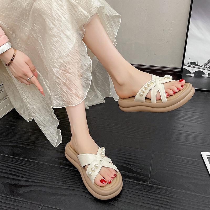 Muffin thick-soled cool slippers women's summer new fashion outer wear sandals pearl cross with beach slippers