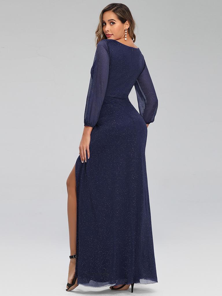Ever-Pretty Robe Soirée Longue Manches Longues Brillante Femme - Col V Fendu Paillettes, Élégante Pour Bal Et Mariage
