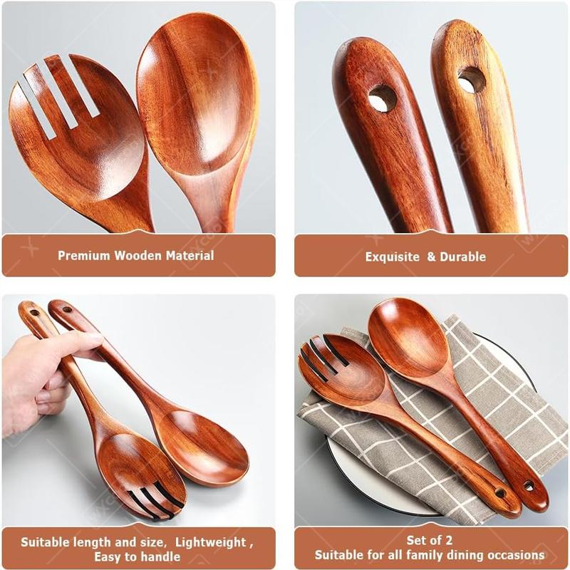 2Pcs Wooden Salad Spoons Acacia Salad Tongs Durable Wood Salad Mixing Dinner Fork And Spoon Long Handle Salad Server Spoons Set