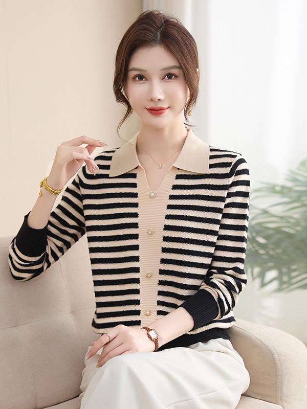 2026 Spring Fashionable Striped Knit Top for Mothers & Elderly Women, Lapel Sweater for Spring & Autumn