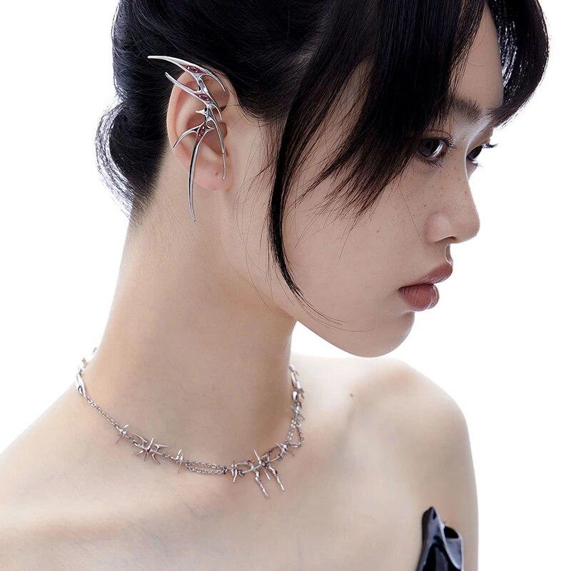 Gothic Punk Butterfly Ear Clip Women Fashion Red Rhinestones Elf Cosplay Earrings Party Jewelry Accessories Gift