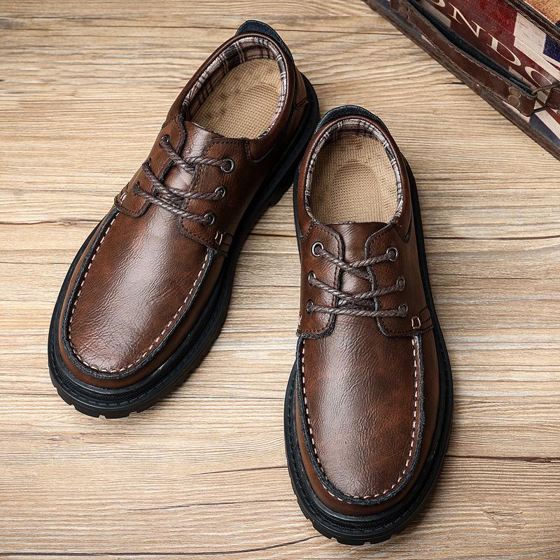 Fashion Tooling Men'S Shoes Thick Bottom Split Leather Shoes Man 2022 Newest Comfy Lace-Up Men Casual Shoes Formal Office Men Shoes