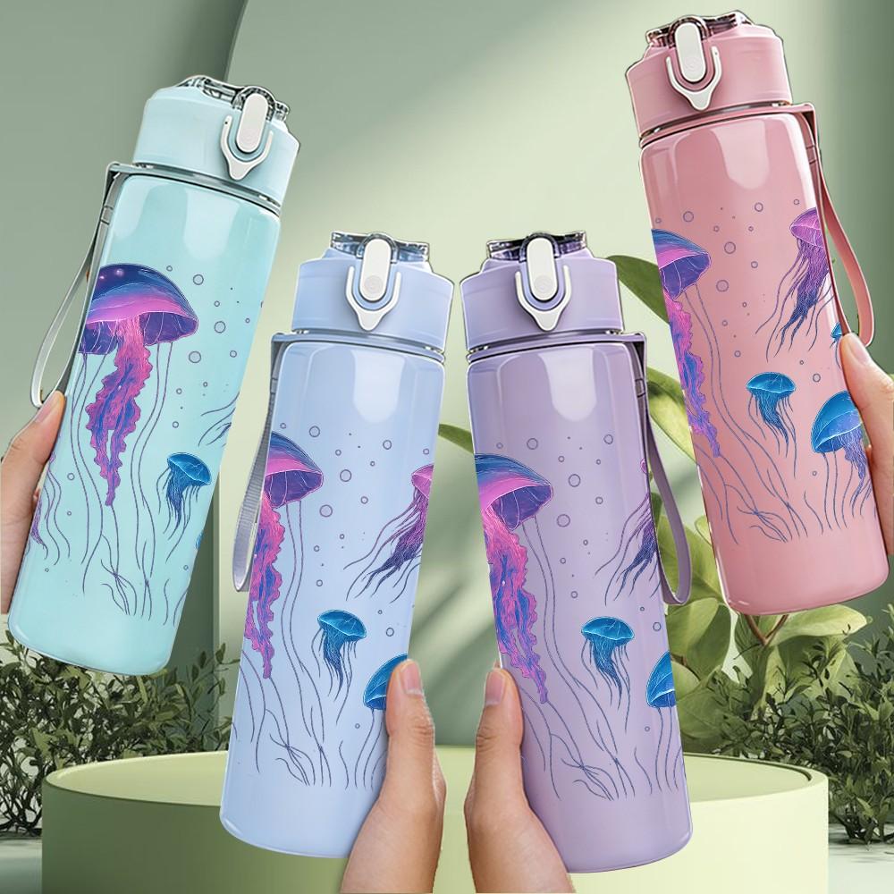 1PC Group Jellyfish Ocean Print 750ml Color Plastic Sports Water Bottle Leakproof Flip Straw Lid Suitable for Sports Office Home Use