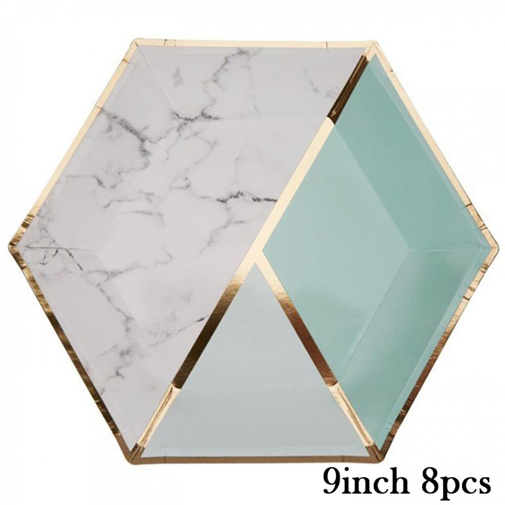 Mint Green Marble Paper Cups Plates Napkins With Bronzing Disposable Paper Tableware For Party Cake Plate Cups Wedding Birthday Banquet Decor