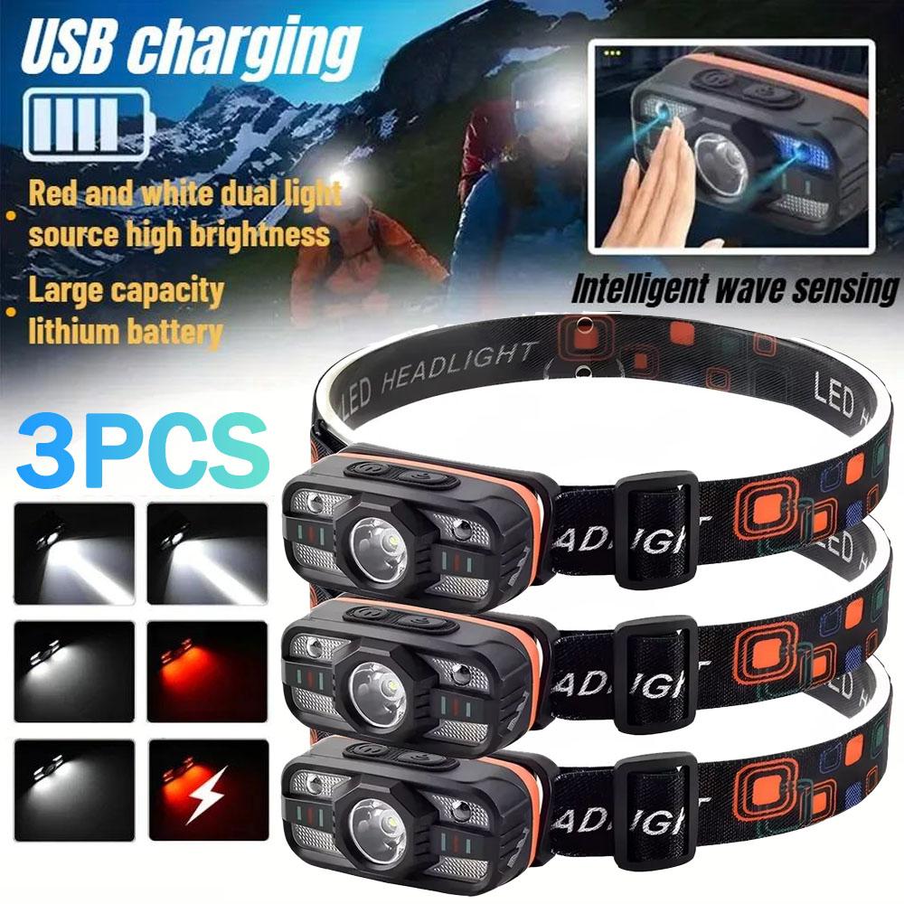 Portable Sensor LED Headlamp Light Rechargeable 6 Lighting Modes Induction Head Flashlight for Outdoor Camping Head Torch