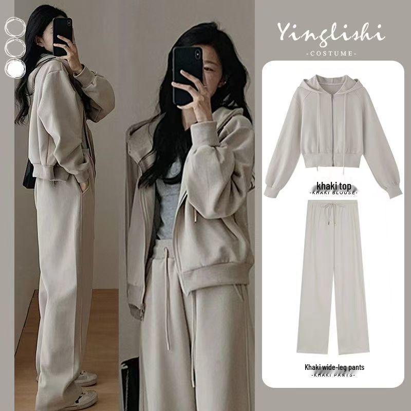 Women's Hong Kong Style Autumn-Winter Casual Sweatshirt & Wide-Leg Pants Set - Age-Reducing, Slimming, Hooded Two-Piece for Running