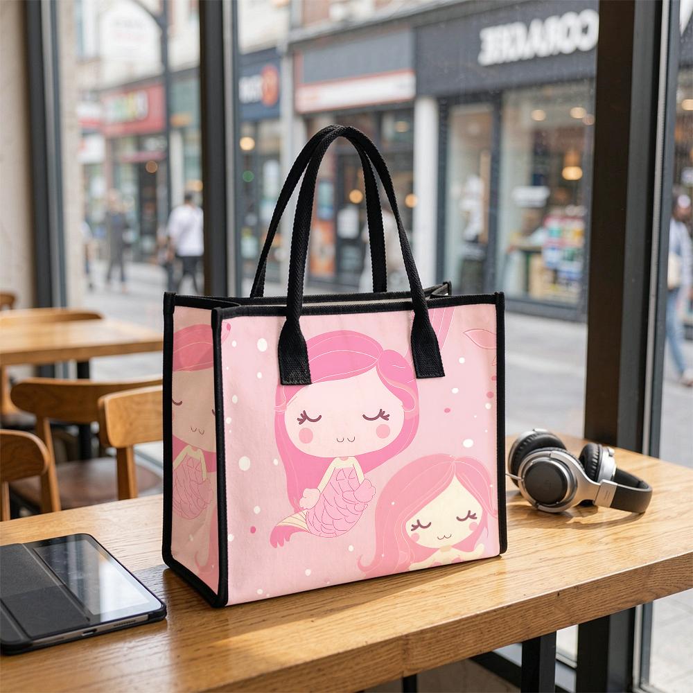 Cute Mermaid Pattern Casual Tote Bag Lovely Portable Daily Use Shopping Handbag for Women Girls