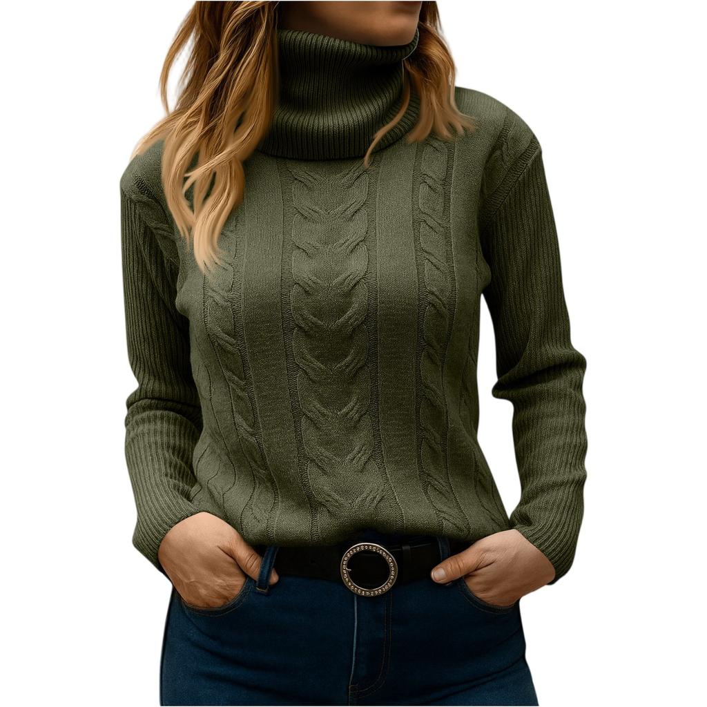 Women's Fashionable Solid Color High Neck Long Sleeved Sweater Pullover Sweater Top