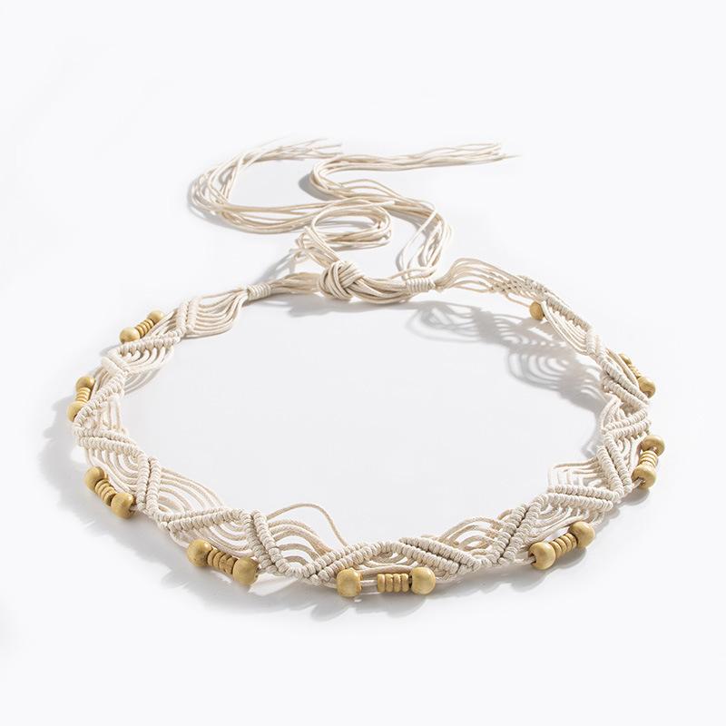 Boho Style Flowers Weaving Knotted Ethnic Style Handmade Wooden Beads Women's Belt Leisure Vacation Style Beautiful Waist Rope