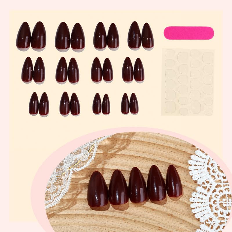 Nakhi Wine Red Stiletto Press On Nails | 24 Pcs Long Glossy False Nails with Glue | Burgundy Artificial Nails for Women | Reusable Fake Nail Exten