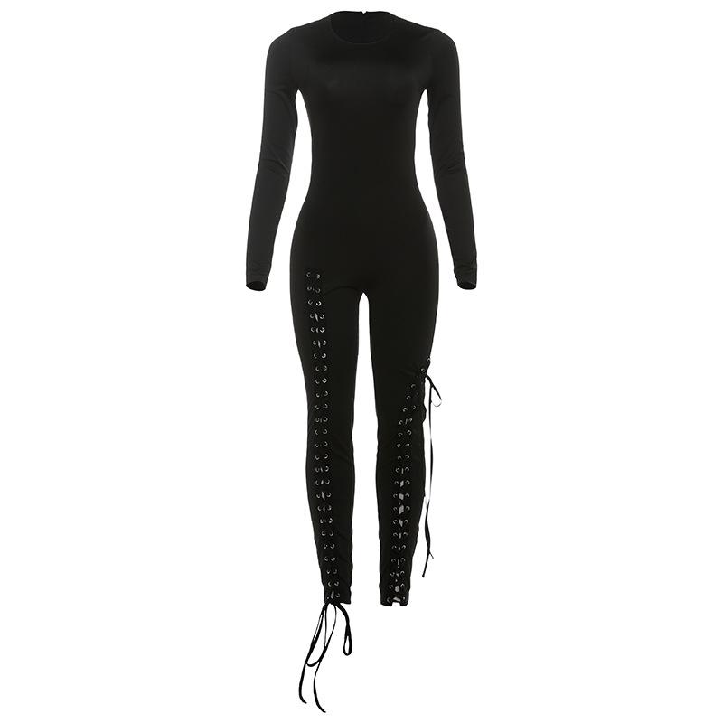 European & American 2025 Autumn Sexy Waist-Cinching Cut-Out Lace-Up Jumpsuit Set S чёрный
