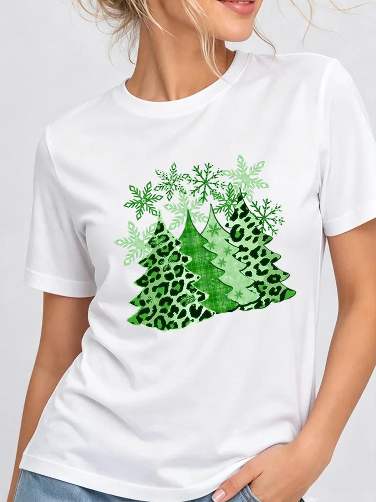 (Asian Size) Tree Printing Christmas New Year Clothing T Shirt Women Fashion Festival Tee Top Print Female Woman Short Sleeve Graphic T-shirts