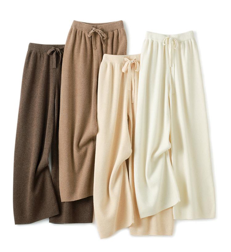 Women's 100% Pure Wool Wide Leg Knitted Pants - High Waist, Thickened, Casual, Long, Autumn/Winter Wear, Cashmere, Straight Leg.