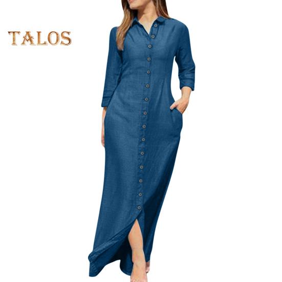 

Весенне-летнее женское платье Свободное однобортное однобортное цветное платье с лацканами и V-образным вырезом с длинными рукавами. Мягкая дышащая повседневная длина до щиколотки. 2XL синий