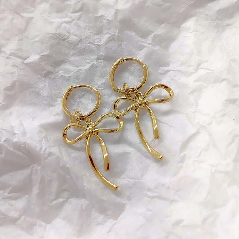 Fashion Zinc Alloy Color Bowknot Hoop Earrings For Women Egirl Simple Metal Long Bow Pendant Earrings Aesthetic Y2K Zircon