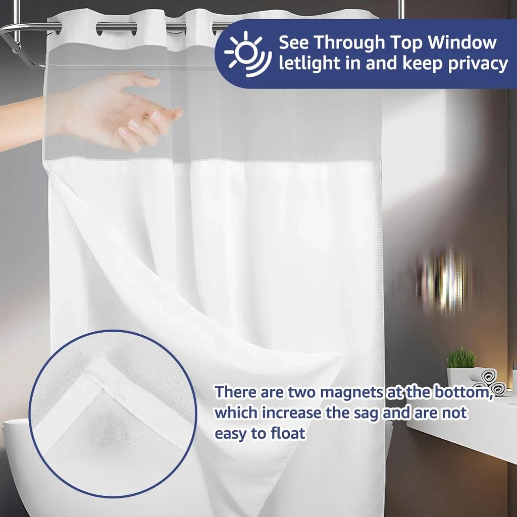 Hook Free Shower Curtain Waterproof Bathroom Curtains with Snap-in Liner Washable Bath Curtains Decorative White Shower Curtain