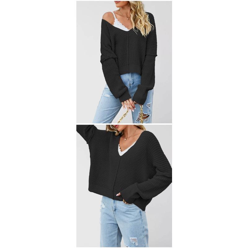 Women S V Neck Off Shoulder Knit Sweater Solid Color Casual