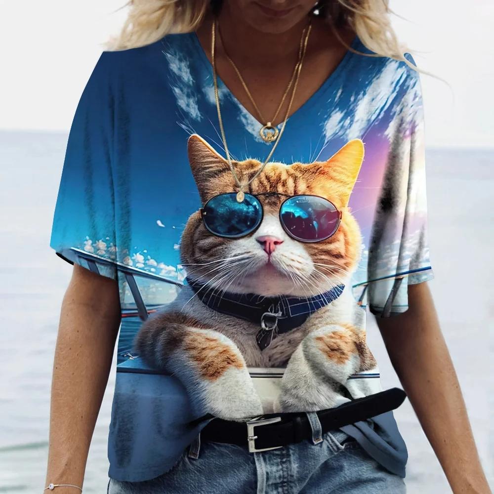 Kawaii Short-sleeved Tops 3D Painted Cute Cute Kitten Print T-shirt Short-sleeved V-neck Tops Harajuku Daily Tops Sweatshirts