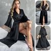 Europäische und amerikanische sexy Unterwäsche langer Cardigan Nachthemd Pyjama Damen, Spitzen-Spleiß-Verführung Satin Loungewear