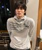 Unicorn Small Stripe Henley Neck Hoodie Melange White