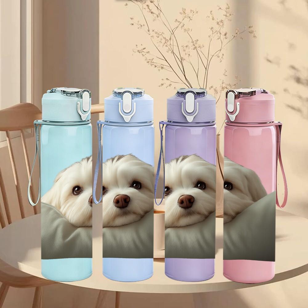 1PC White Puppy Lying On Pillow 750ml Color Plastic Sports Water Bottle Leakproof Flip Straw Lid Suitable for Sports Office Home Use