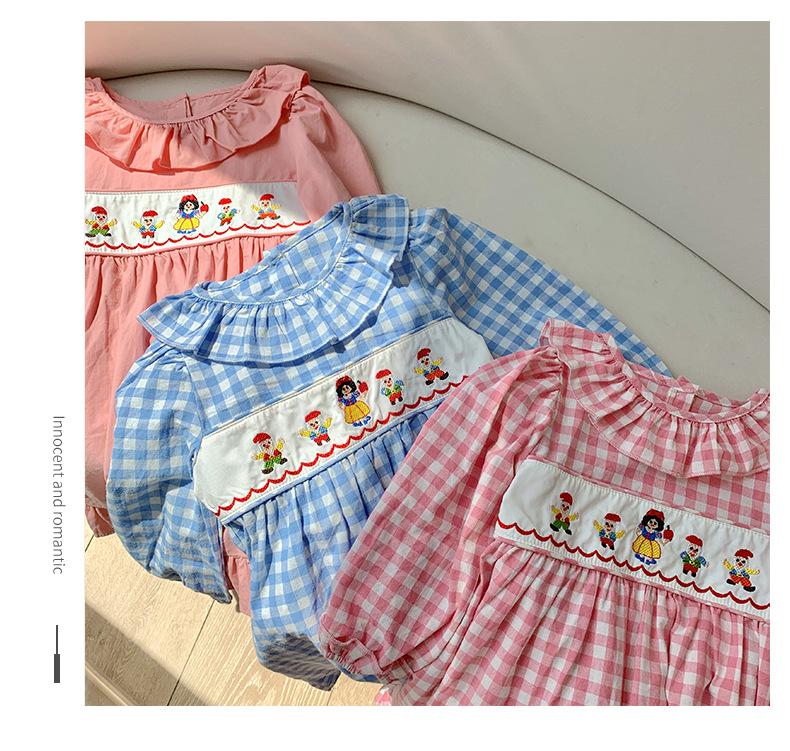 Princess Cartoon Embroidered Plaid Dress with Lotus Leaf Collar for Girls - Autumn 2026 Collection