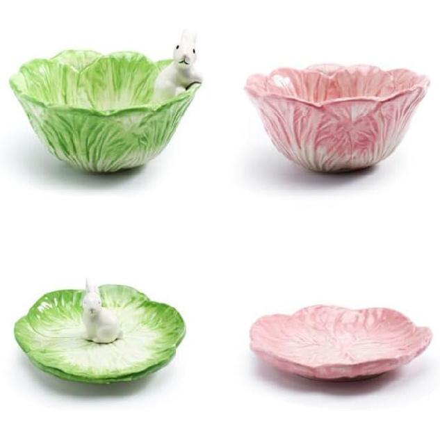 Housoutil Ceramic Rabbit Plates, Easter Cabbage Plate, Green Easter Serving Tray for Dessert Fruit Salad Snacks
