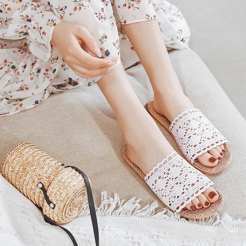 Eleganti pantofole da donna in lino con rifiniture in pizzo, scarpe estive perfette per le signore