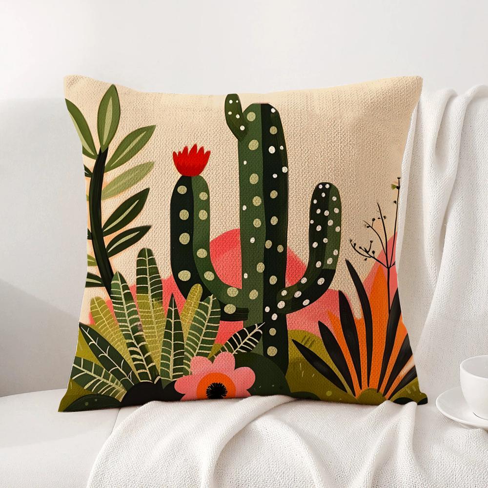 Retro Cactus Cushion Cover Natural Linen Organic Fabric DoubleSided Printing Sofa Home Decor Gift Pillow Cover