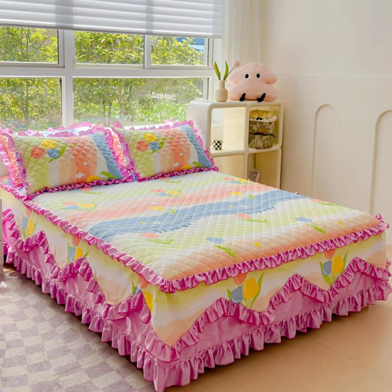 Copriletto trapuntato addensato in cotone 100% Copriletto trapuntato king size queen size Gonna da letto in pizzo principessa Copriletto in puro cotone non inclusa federa