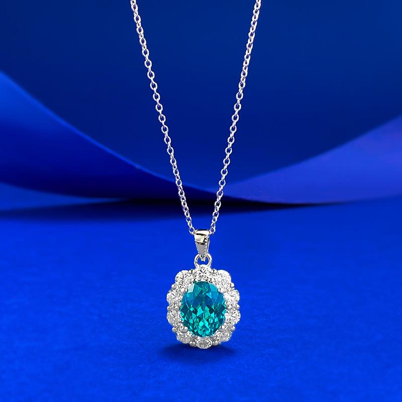 Xian Can Jewelry S925 Silver Oval Paraiba Pendant with Floral Halo Necklace 925 Silver